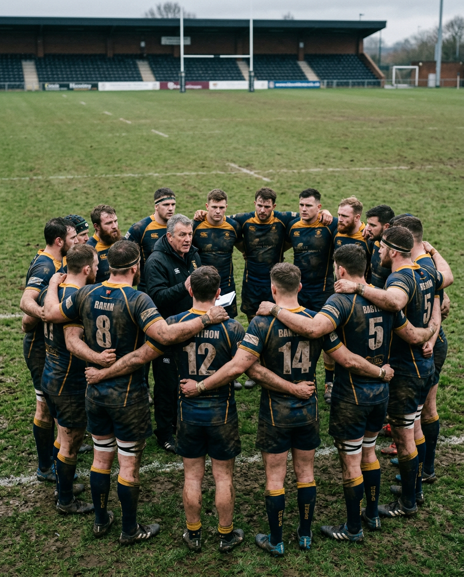 Rugby team huddled together on a pitch listening to their coach