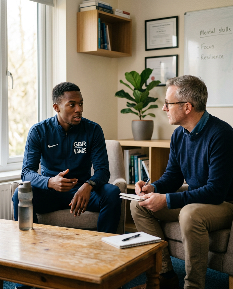 Sport psychologist in conversation with an athlete during a one to one session