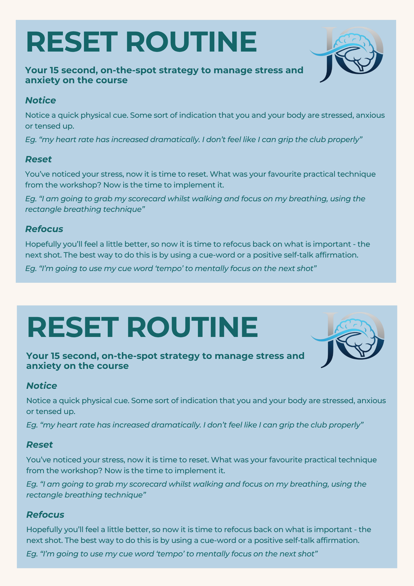 Reset Routine worksheet describing notice, reset and refocus steps