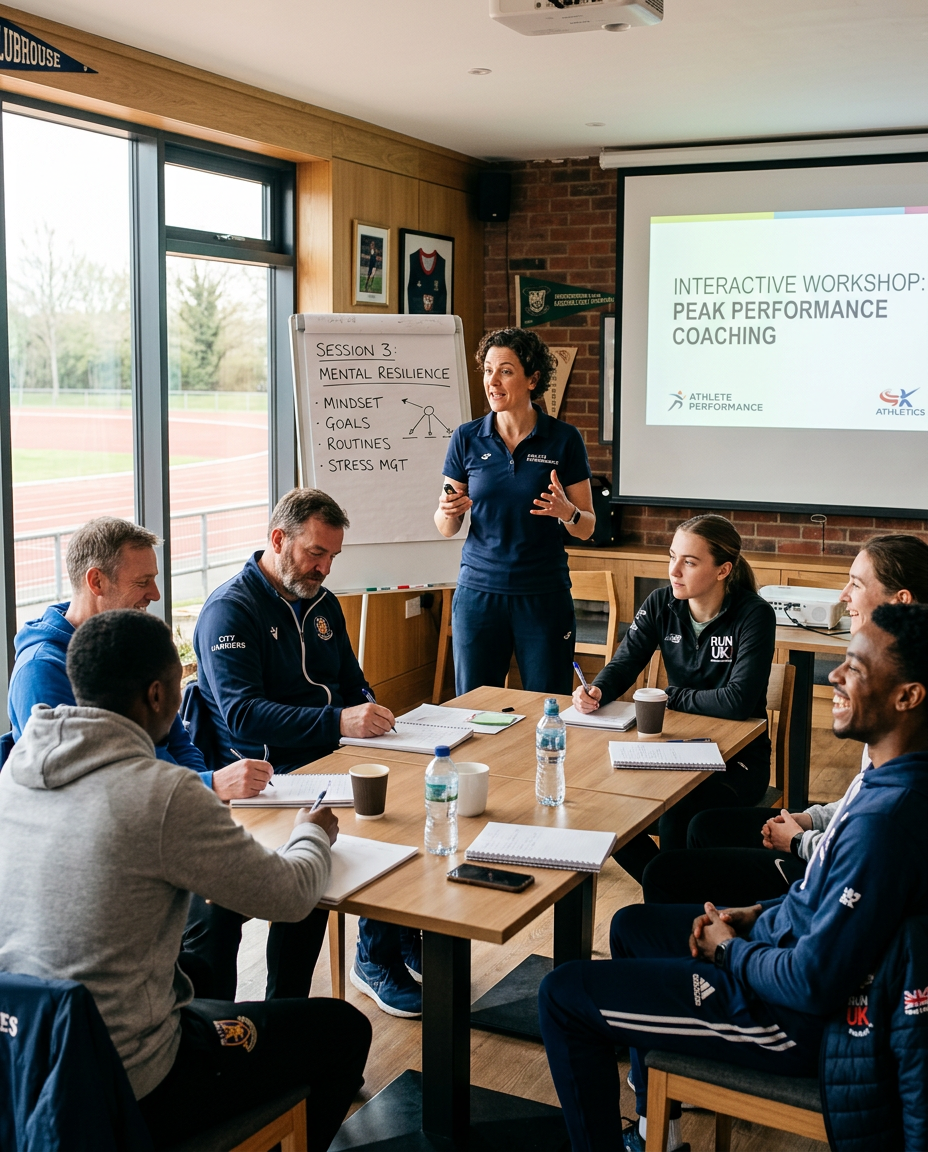 Presenter delivering an interactive performance psychology workshop to coaches and athletes