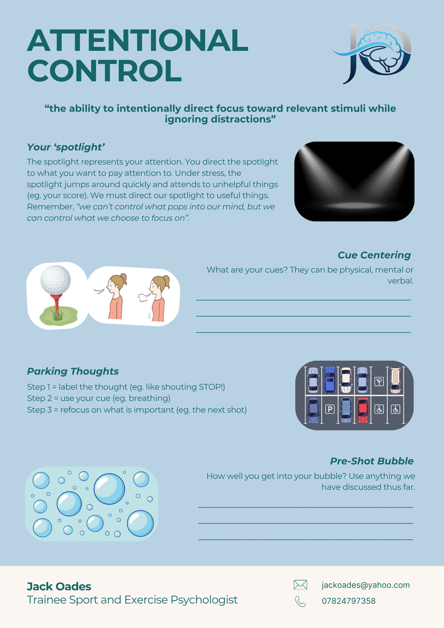Attentional Control worksheet covering spotlight focus, cue centering and parking thoughts